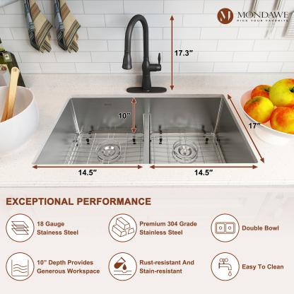Undermount 32-in x 19-in Brushed Stainless Steel Double Bowl Kitchen Sink with Pull Down Kitchen Faucet-Mondawe