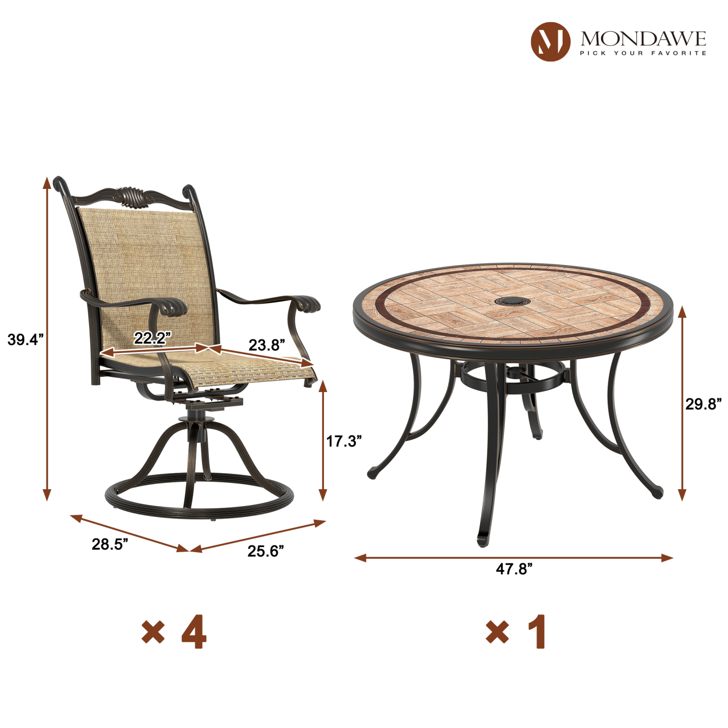 Mondawe 5Pcs Cast Aluminum Dining Set with Round Tile-Top Table and Textilene Swivel Chairs-Mondawe