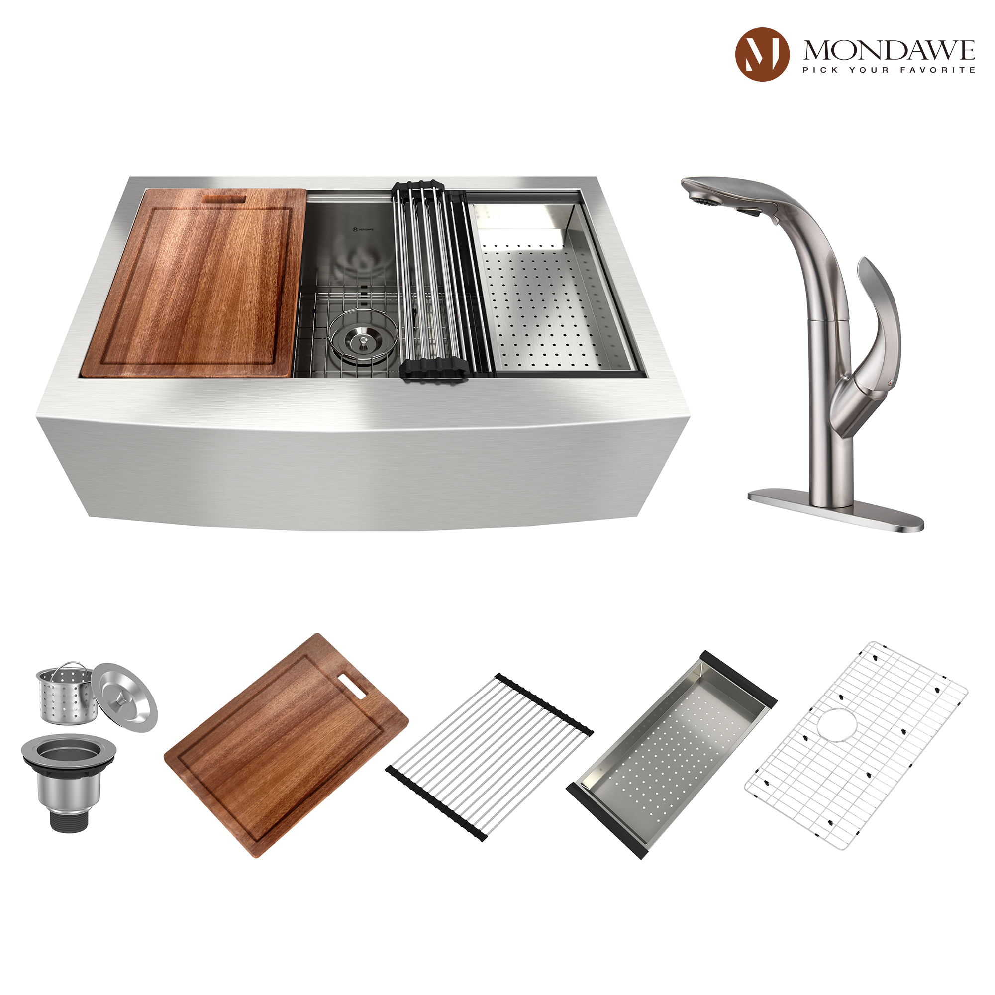 Farmhouse Apron Front 33-in x 22-in Brushed Stainless Steel Single Bowl Workstation Kitchen Sink with Pull Down Kitchen Faucet-Mondawe