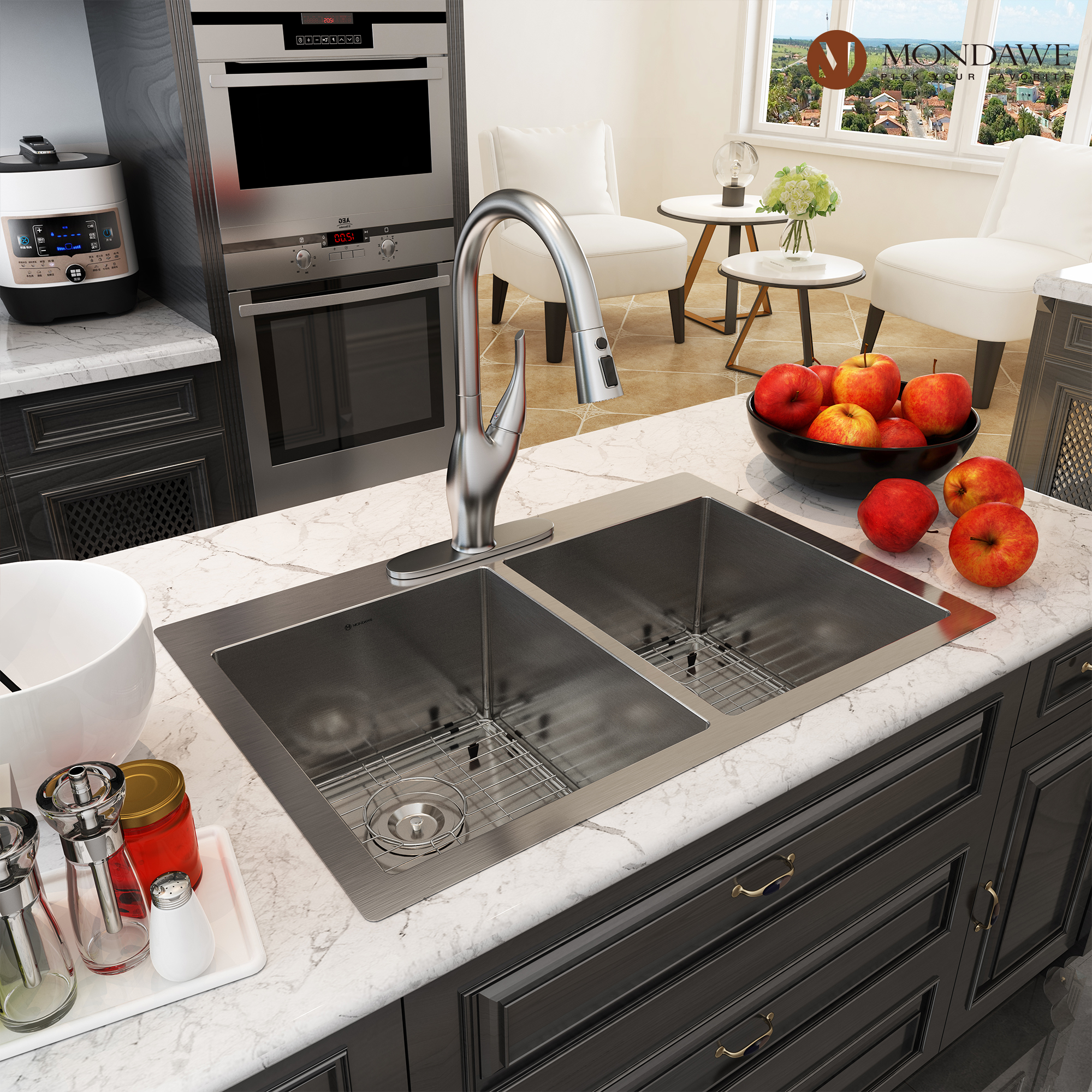 Drop-In 33-in x 22-in Brushed Stainless Steel Double Bowl Kitchen Sink with Pull Down Kitchen Faucet-Mondawe