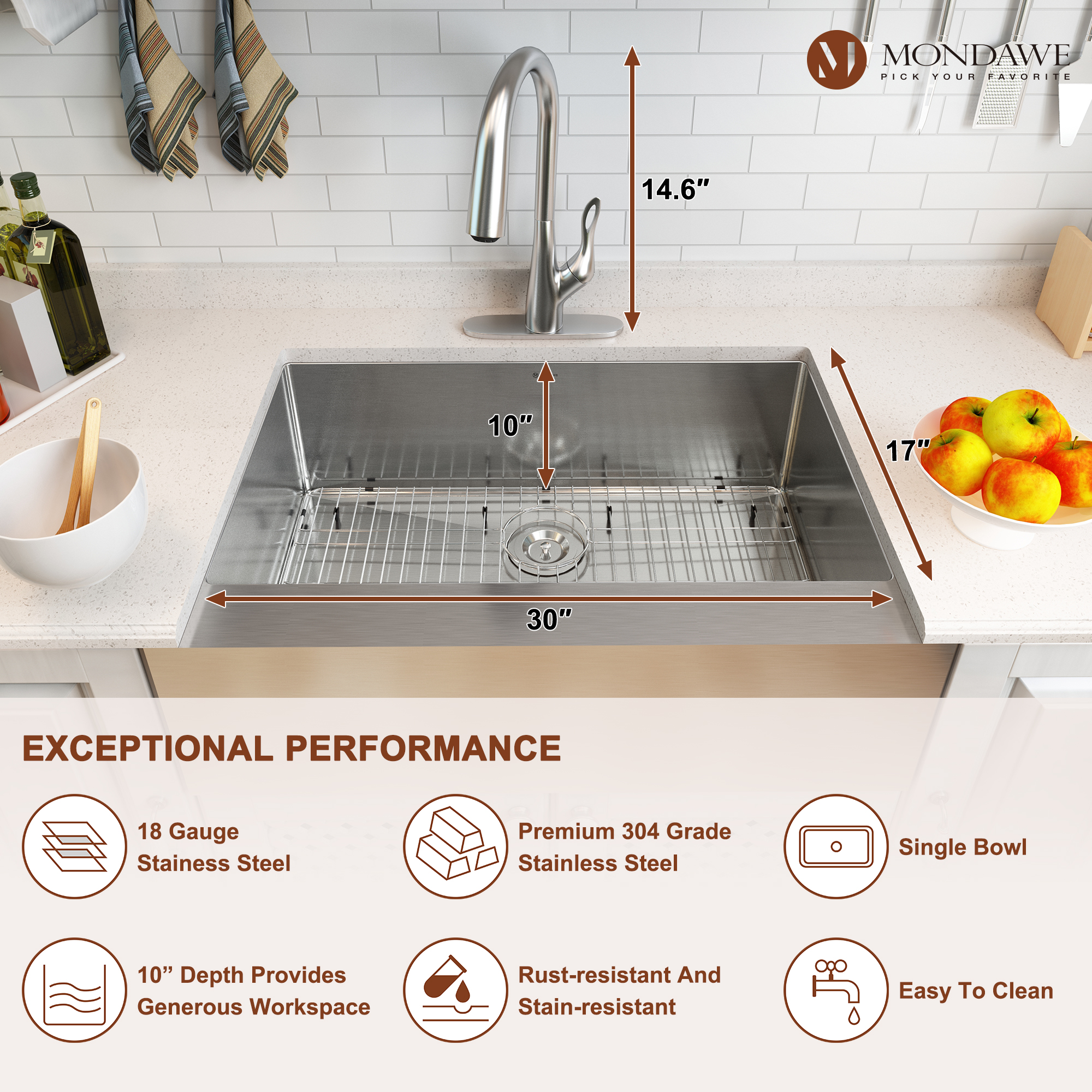 Farmhouse Apron Front 33-in x 22-in Brushed Stainless Steel Single Bowl Kitchen Sink-Mondawe