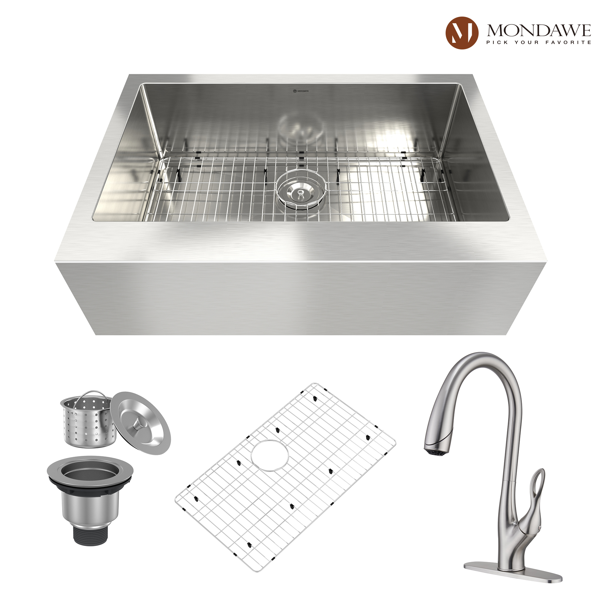 Farmhouse Apron Front 33-in x 22-in Brushed Stainless Steel Single Bowl Kitchen Sink with Pull Down Kitchen Faucet-Mondawe