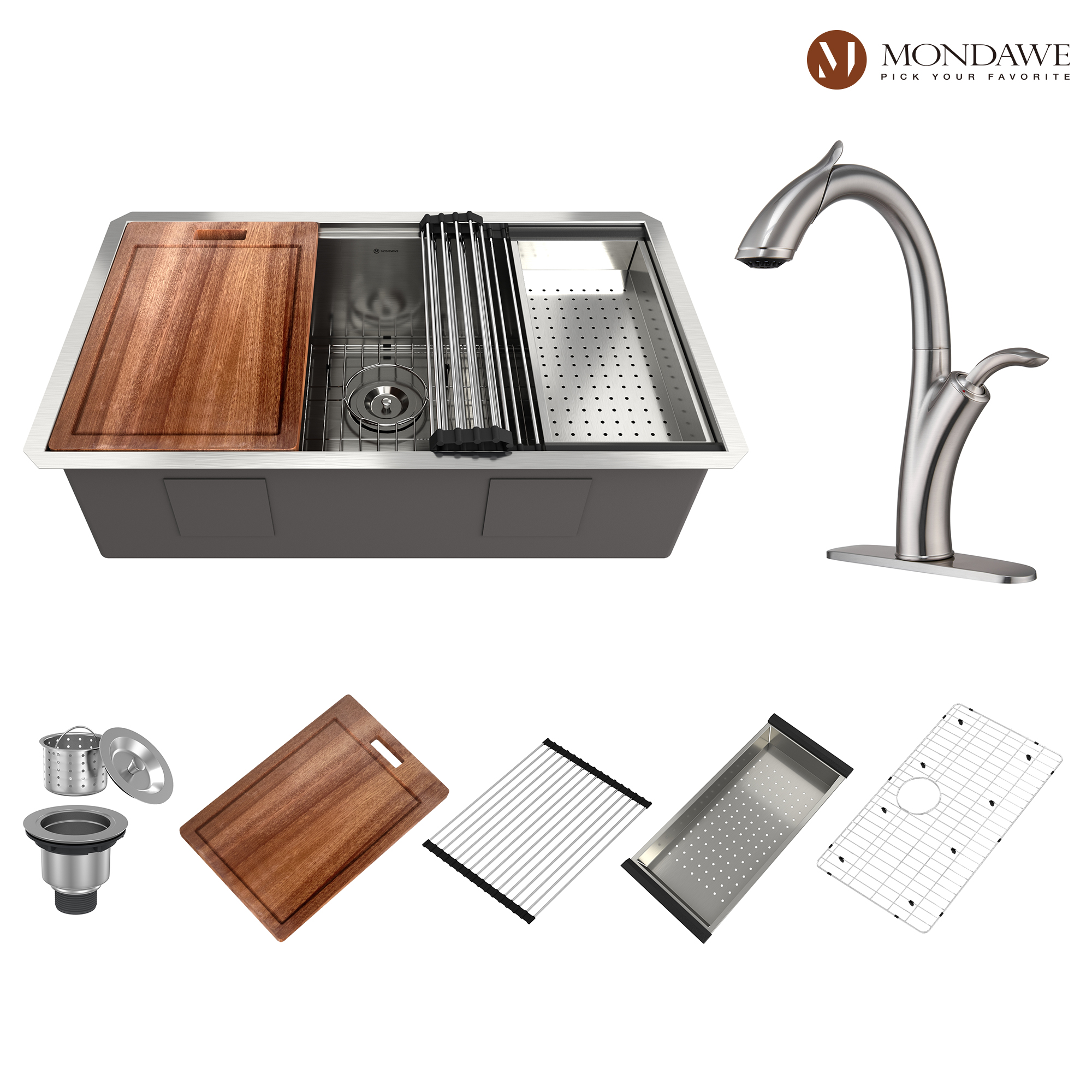 Undermount 32-in x 19-in Brushed Stainless Steel Single Bowl Workstation Kitchen Sink with Pull Down Kitchen Faucet-Mondawe