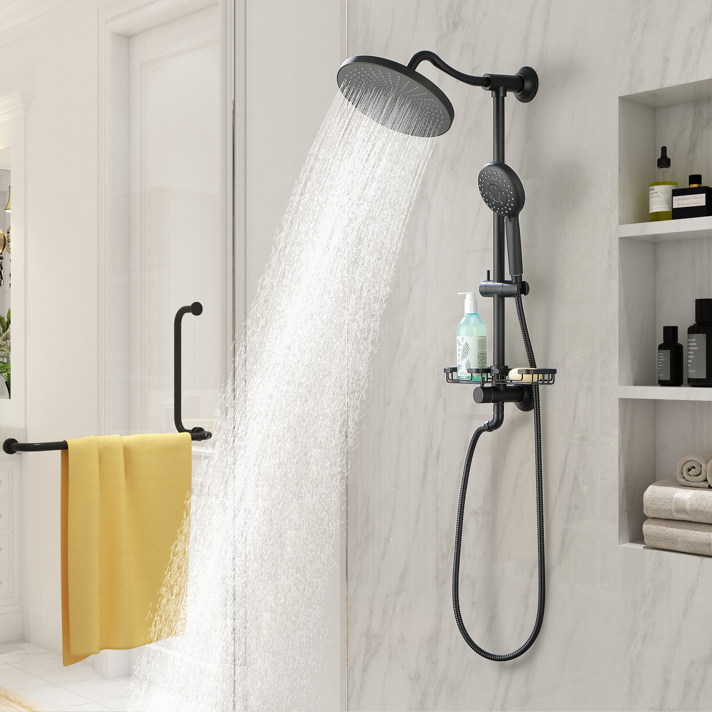 Mondawe ShowerSpas Shower System, with 10" Rain Showerhead, 4-Function Hand Shower, Adjustable Slide Bar and Soap Dish, Matte Black Finish-Mondawe