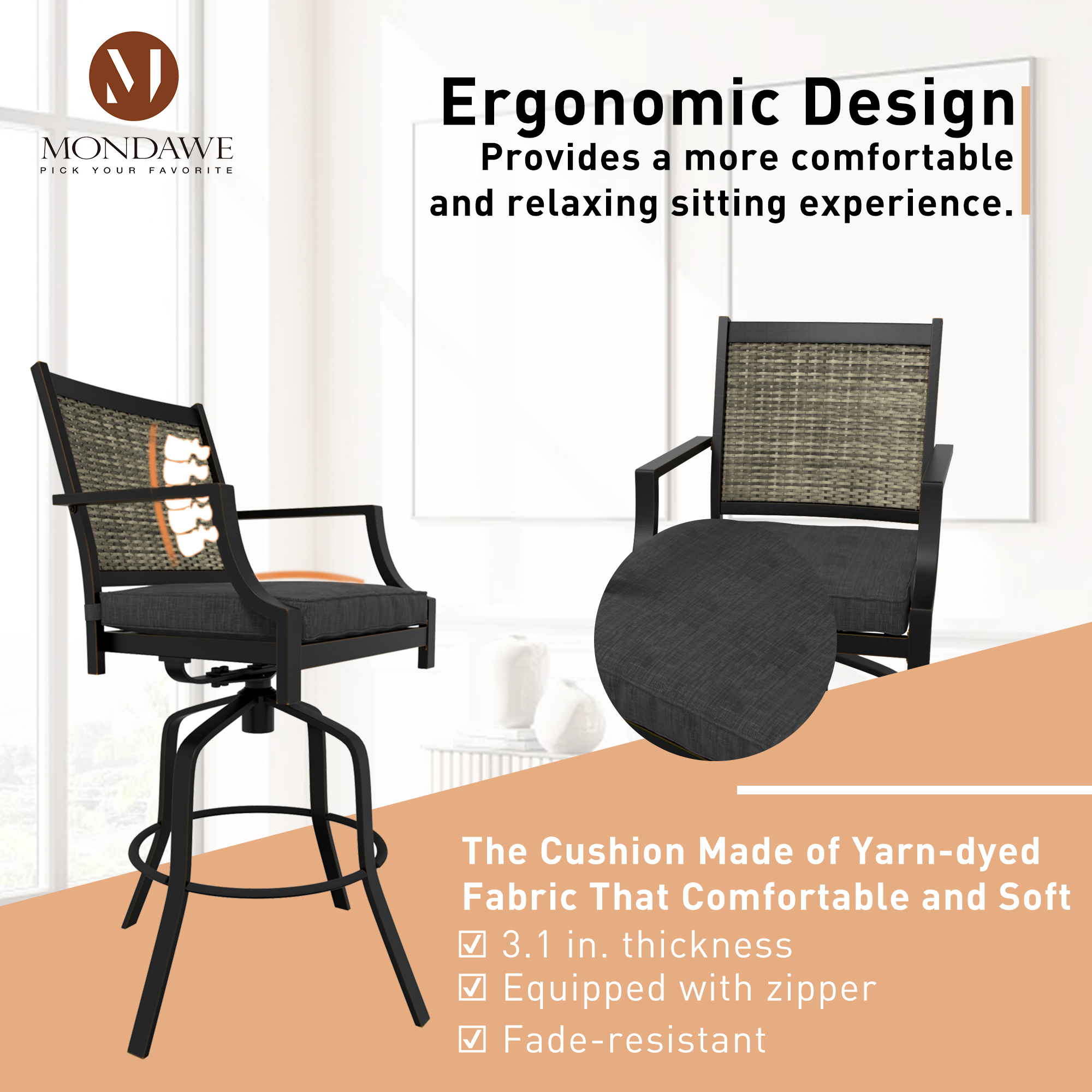 Mondawe Aluminium Frame Outdoor Swivel Chairs Bar Stool with Cushion (2-Pack)-Mondawe