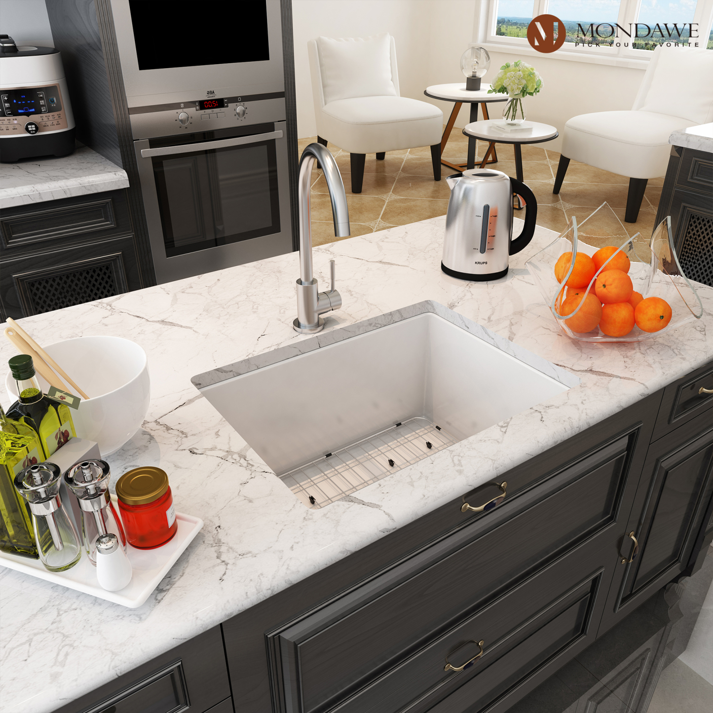 Undermount 24 in. single bowl fireclay kitchen sink in white comes with high-arc kitchen faucet-Mondawe