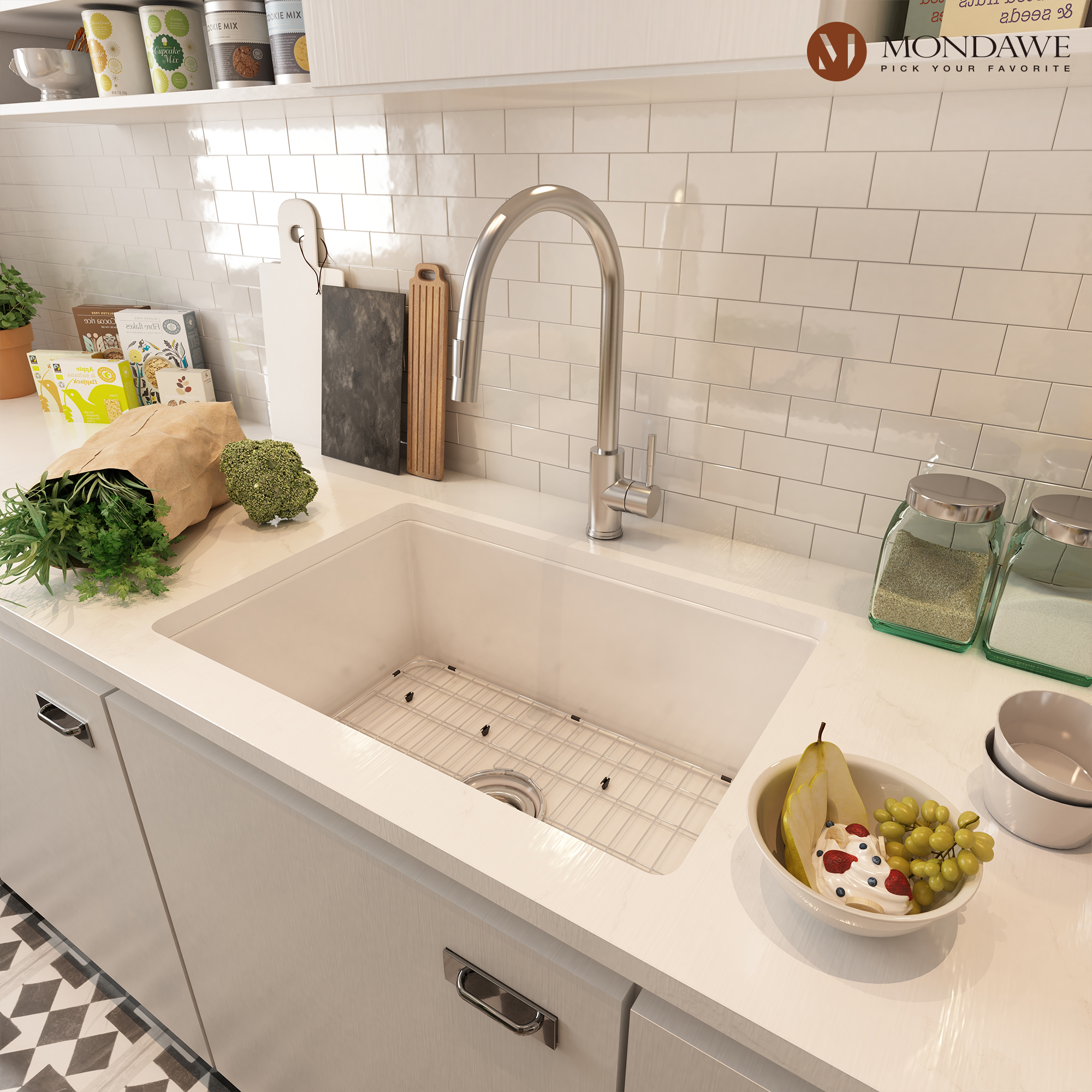 Undermount 27 in. single bowl fireclay kitchen sink in white comes with pull-down faucet-Mondawe