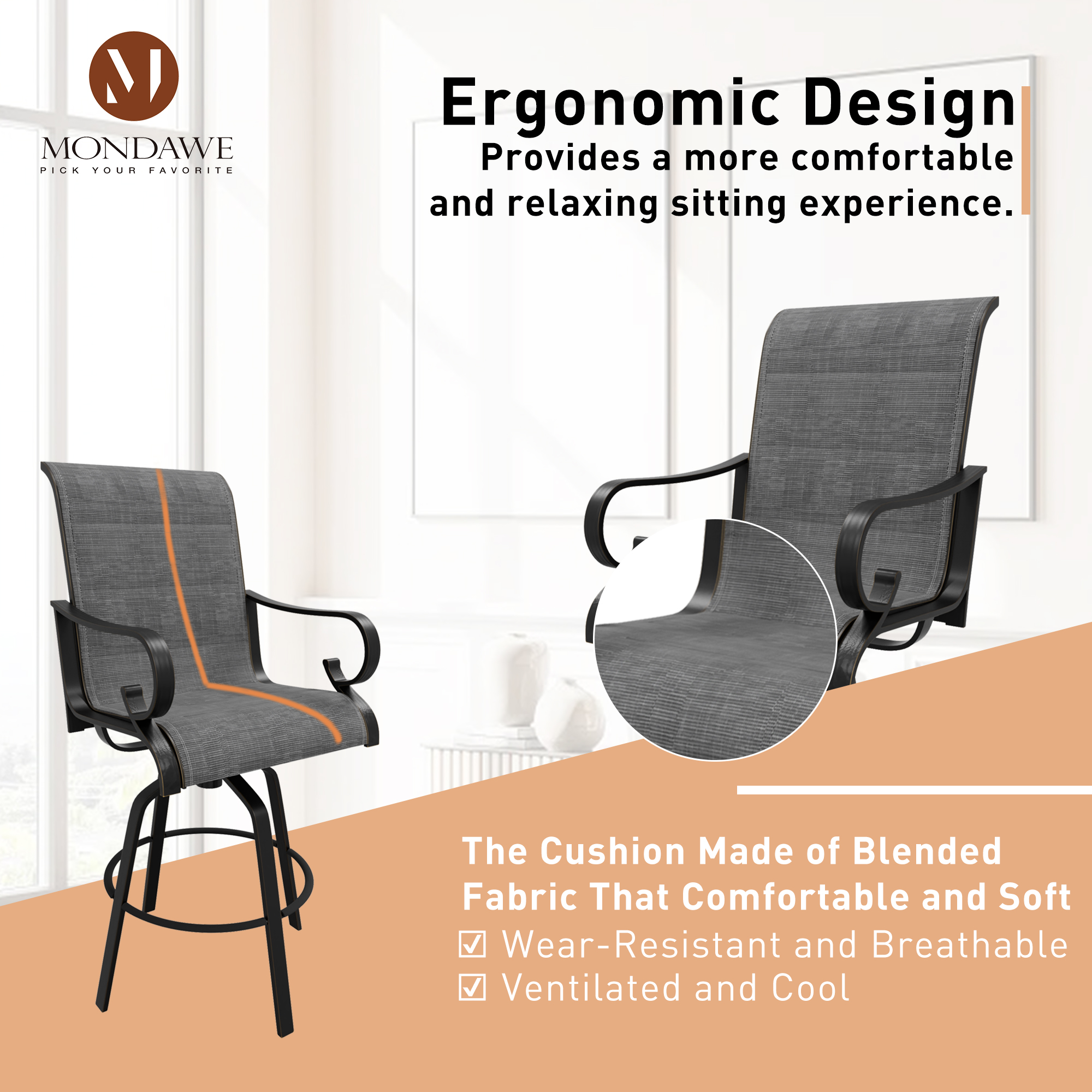 Mondawe Aluminium Frame Outdoor 360° Swivel Chairs Bar Stool with Cushion (2-Pack)-Mondawe