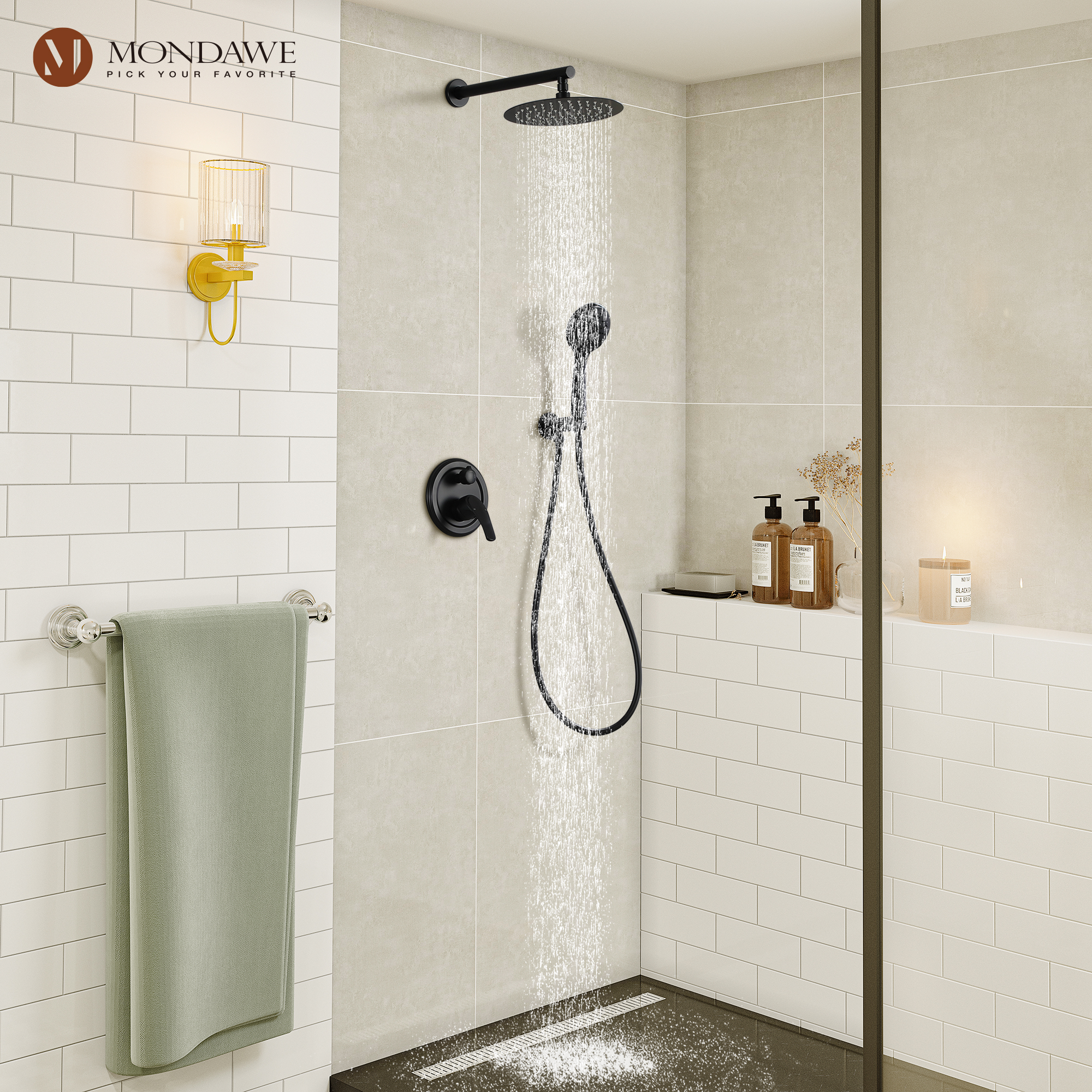 9 in. Round 5-Spray Patterns Wall Mount Dual Shower Faucet with 2.66 GPM Pressure Balance Valve in Matte Black-Mondawe
