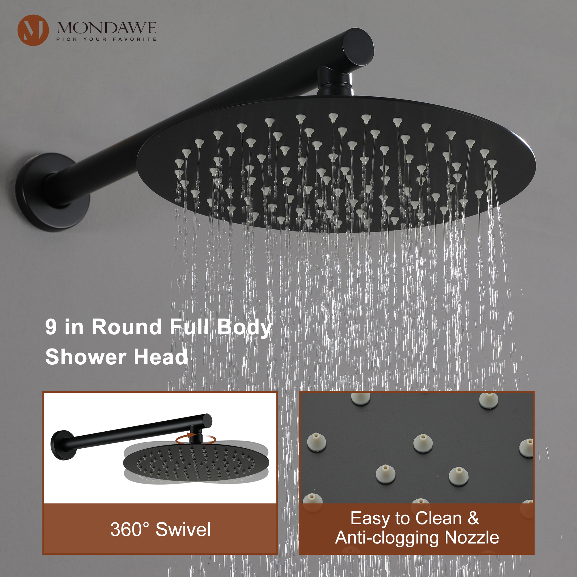 5-Spray Patterns with 2.66 GPM 9 in. Wall Mount Dual Shower Heads with Pressure Balance Round-In Valve in Matte Black 5-Spray Patterns with 2.66 GPM 9 in. Wall Mount Dual Shower Heads with Pressure Balance Round-In Valve in Matte Black