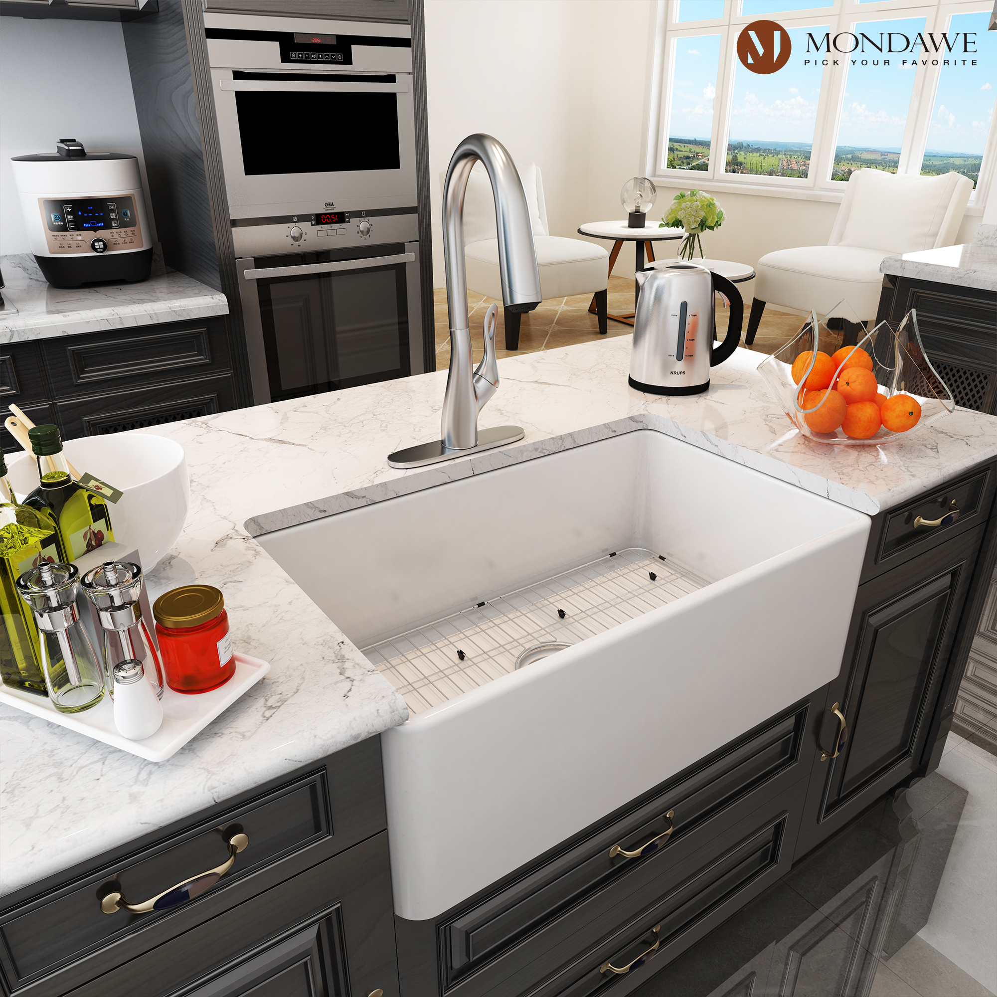 Farmhouse 30 In. Single Bowl Fireclay Kitchen Sink In White Comes With Pull Down Kitchen Faucet-Mondawe