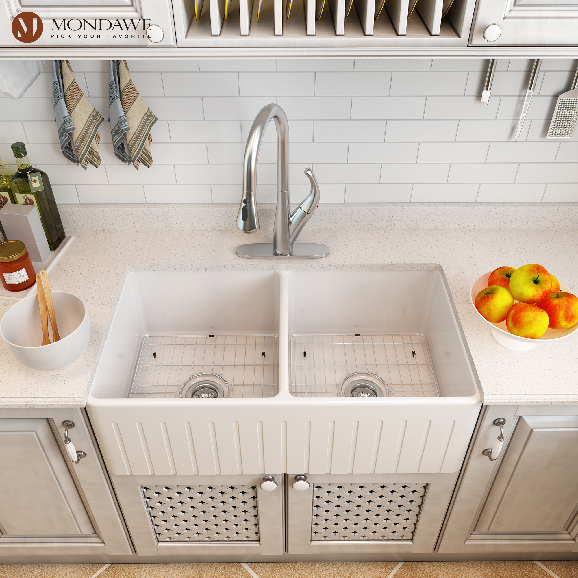 Farmhouse 33 In. Double Bowl Fireclay Kitchen Sink In White Comes With Pull Down Kitchen Faucet-Mondawe
