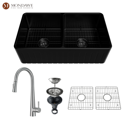 Farmhouse 30 in. matte black double bowl fireclay kitchen sink comes with pull-down faucet-Mondawe