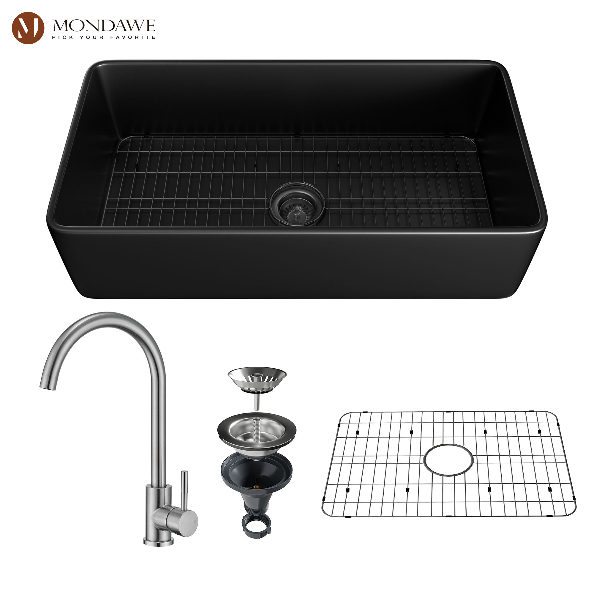 Farmhouse 36 in. single bowl fireclay kitchen sink comes with high-arc kitchen faucet-Mondawe