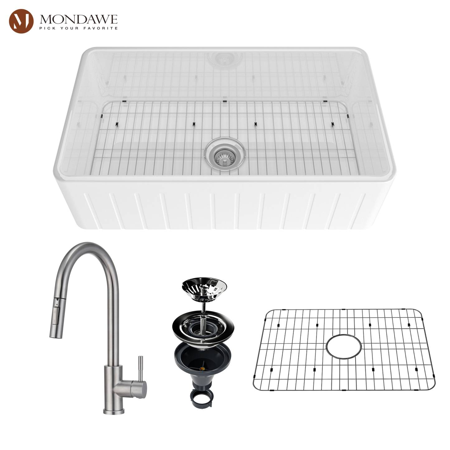 Farmhouse 33 in. single bowl fireclay kitchen sink in white comes with pull-down faucet-Mondawe