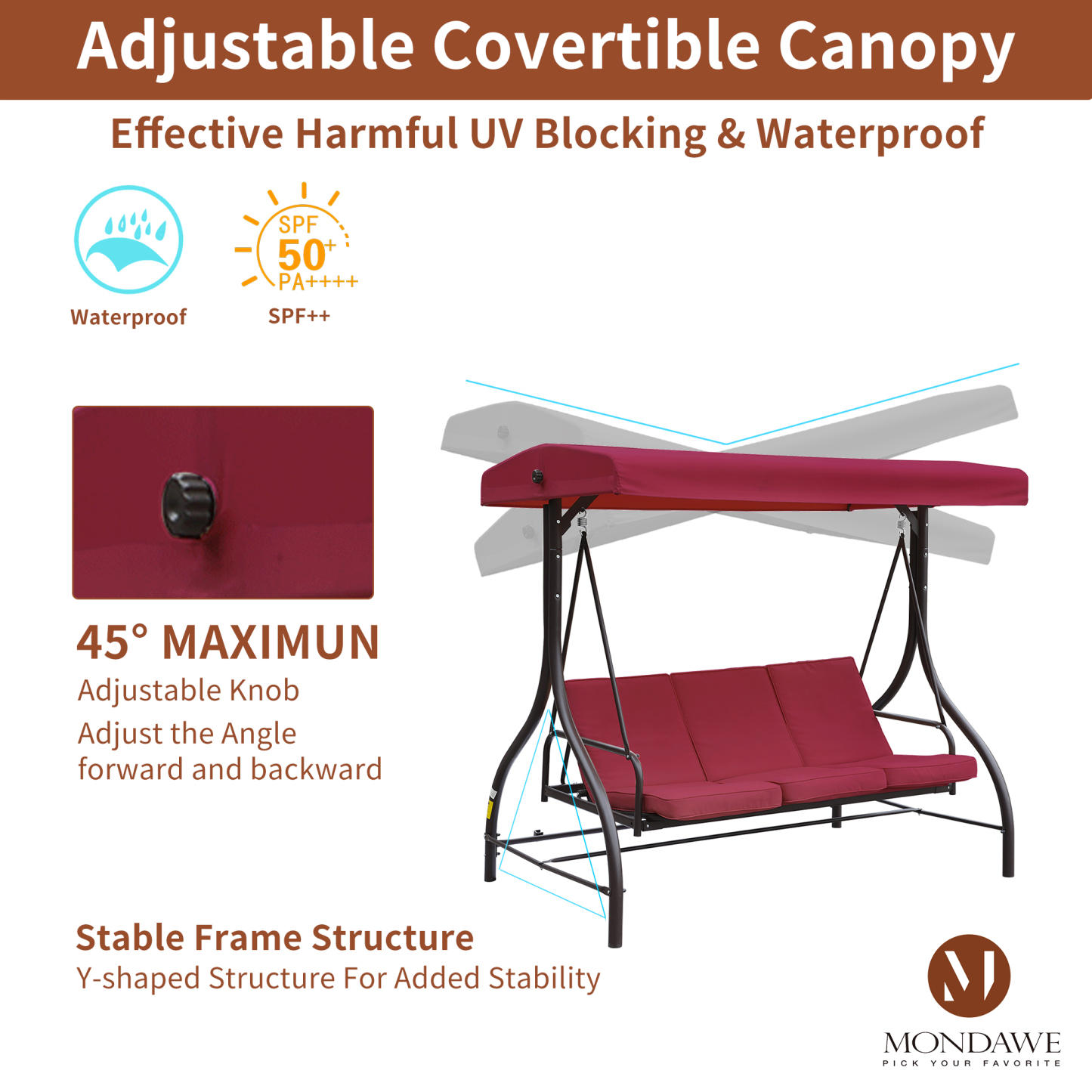 Mondawe 3-Seat Steel Outdoor Porch Swing Chair with Adjustable Canopy and Removable Cushions -Mondawe