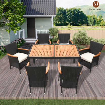 Mondawe 7 Piece Outdoor Patio Dining Set Garden PE Wicker Rattan Dining Table and Chairs Set  (Brown)