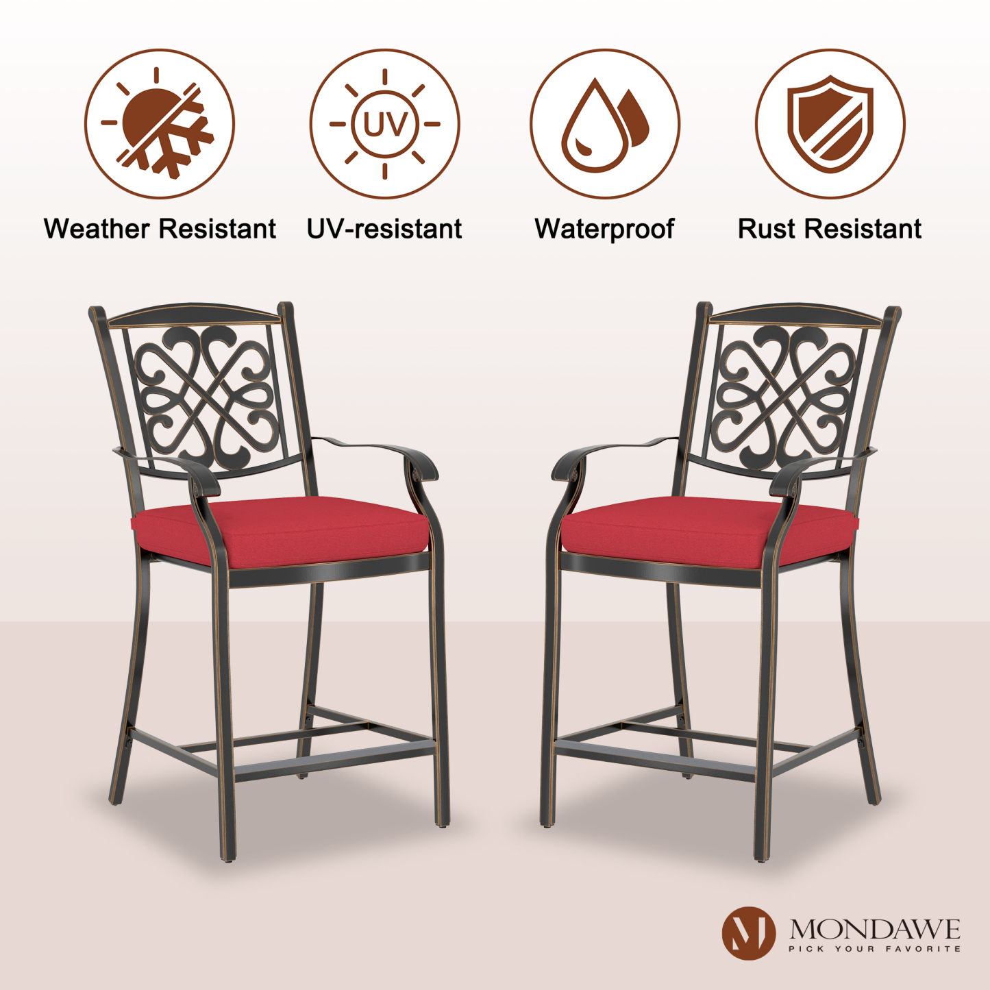 Mondawe 4 Pieces Cast Aluminum Diamond-Mesh Curved Backrest Dining Bar High Chairs In Red/Beige-Mondawe