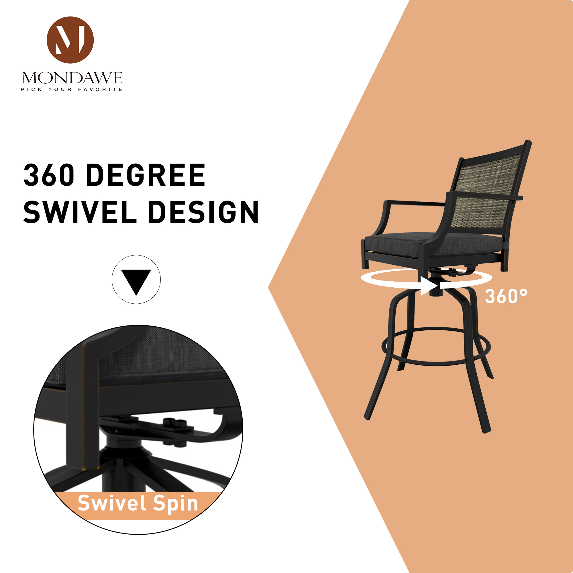 Mondawe Aluminium Frame Outdoor Swivel Chairs Bar Stool with Cushion (2-Pack)-Mondawe