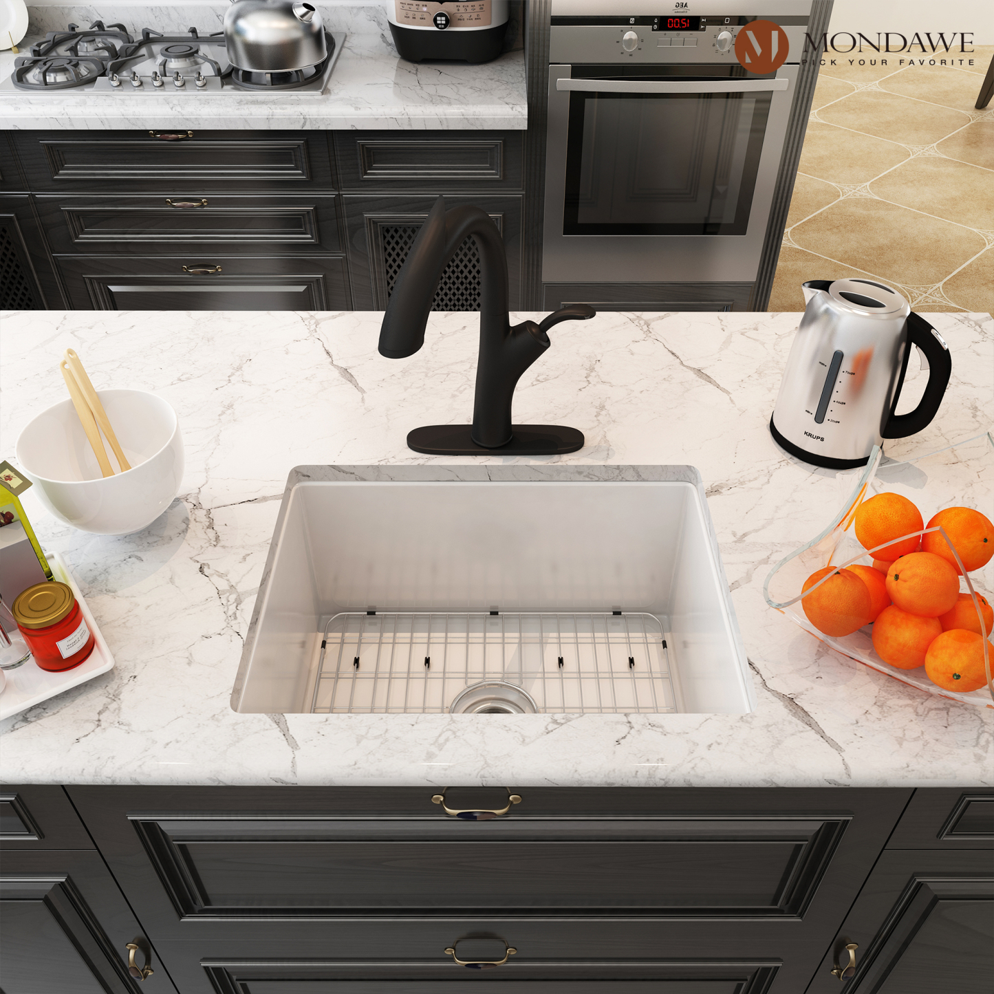 24 Jnch Undermount Single Bowl Fireclay Kitchen Sink In White Comes With Pull Down Kitchen Faucet-Mondawe