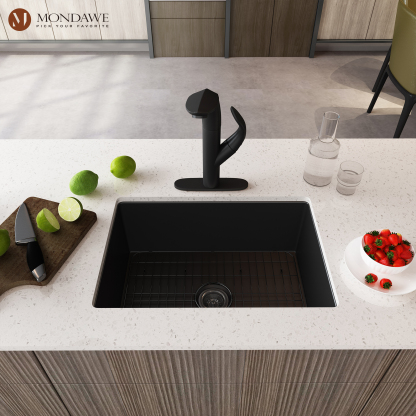 Undermount 27 In. Matte Black Single Bowl Fireclay Kitchen Sink Comes With Pull Down Kitchen Faucet-Mondawe