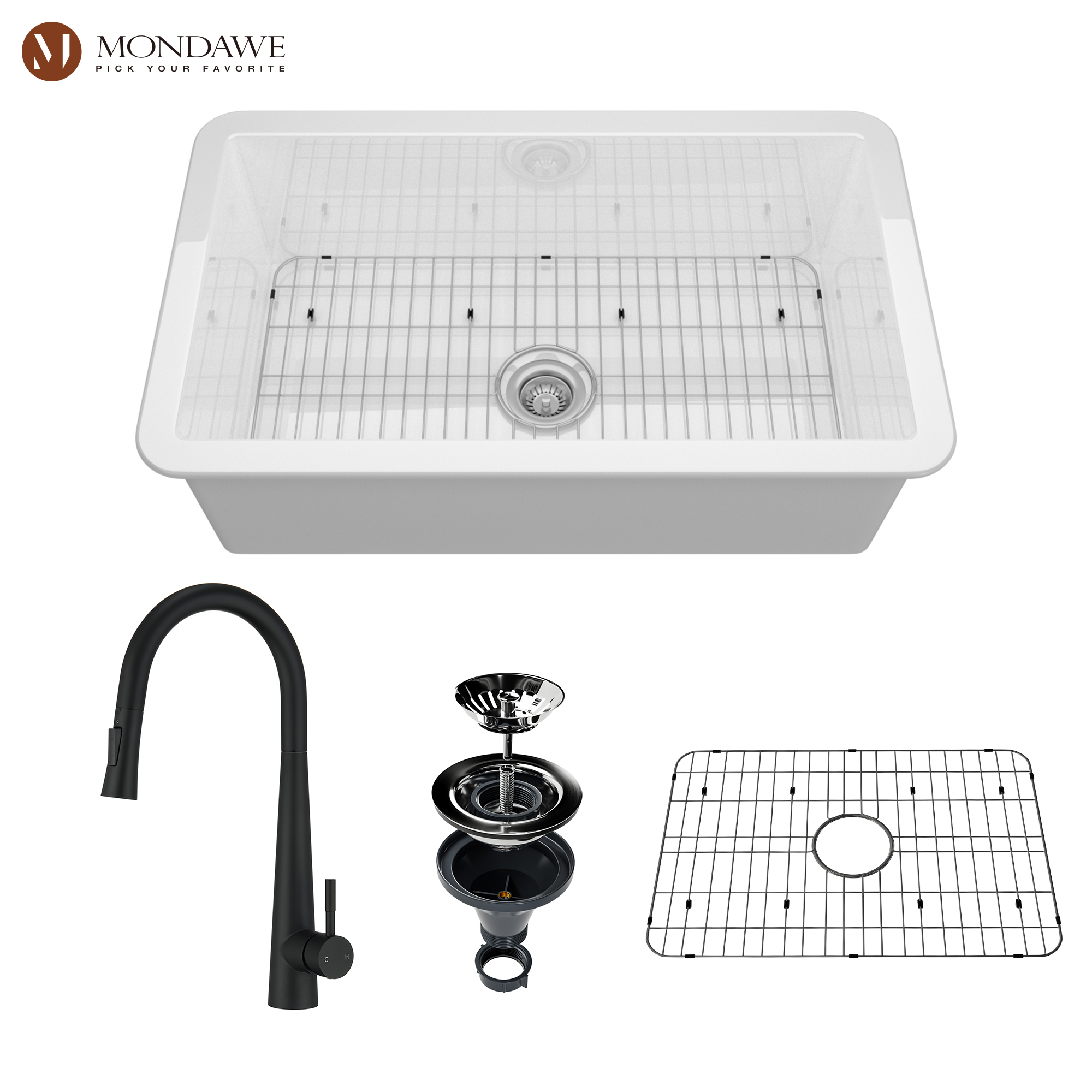 Undermount 32 in. single bowl fireclay kitchen sink in white comes with pull-down faucet-Mondawe