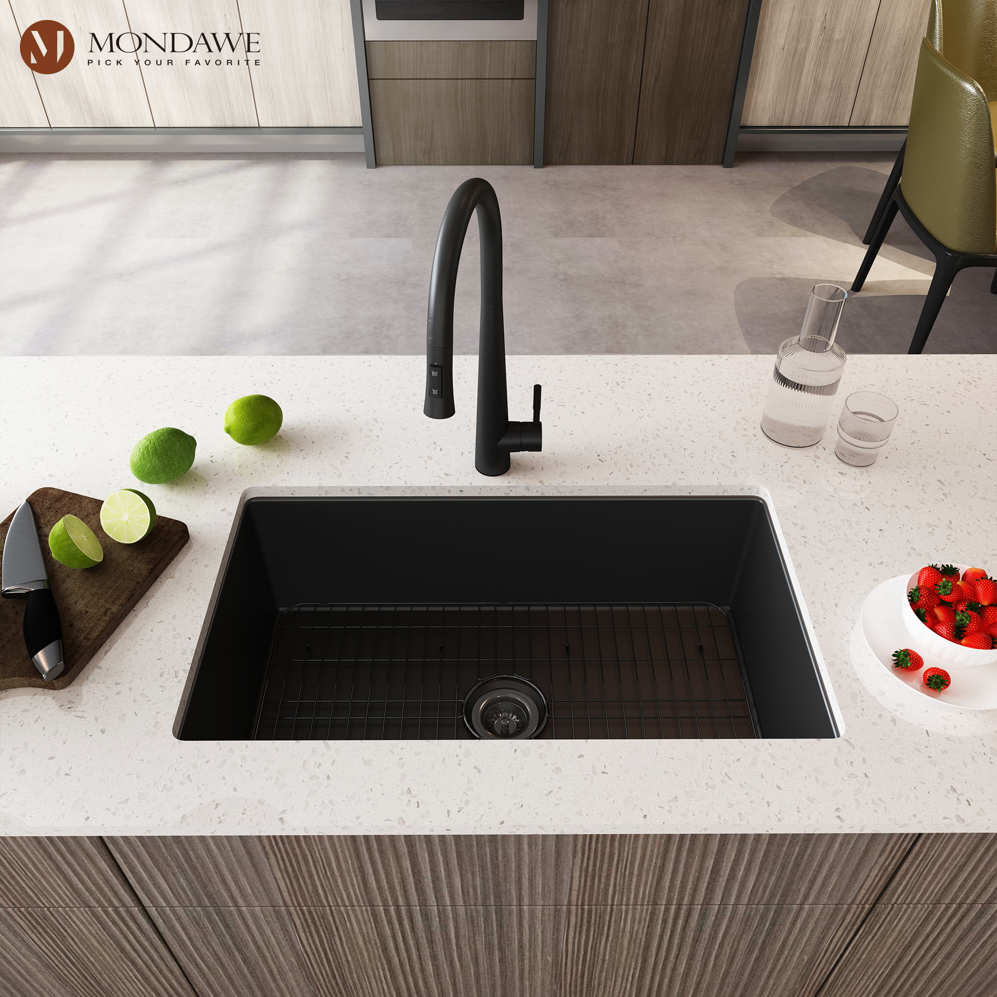 Undermount 32 in. matte black single bowl fireclay kitchen sink comes with pull-down faucet-Mondawe