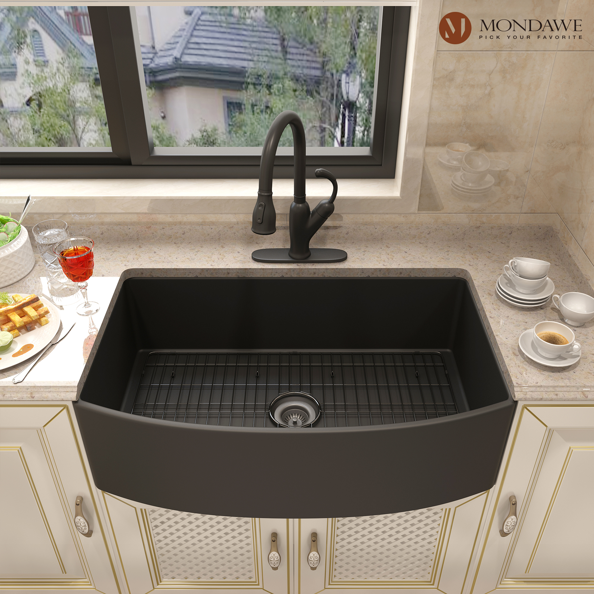 Farmhouse 33 In. Single Bowl Fireclay Kitchen Sink Comes With Pull Down Kitchen Faucet -Mondawe