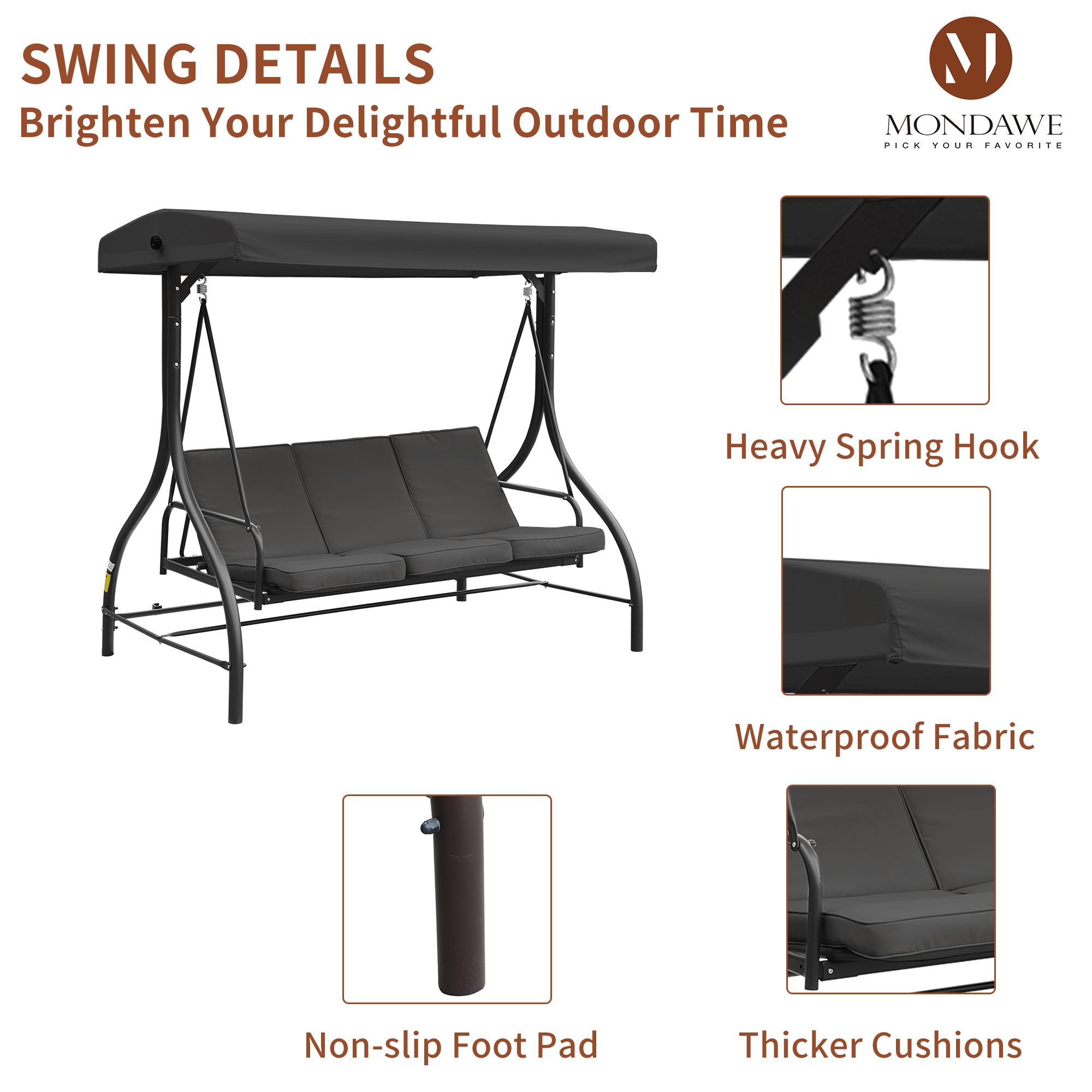 Mondawe 3-Seat Steel Outdoor Porch Swing Chair with Adjustable Canopy and Removable Cushions -Mondawe