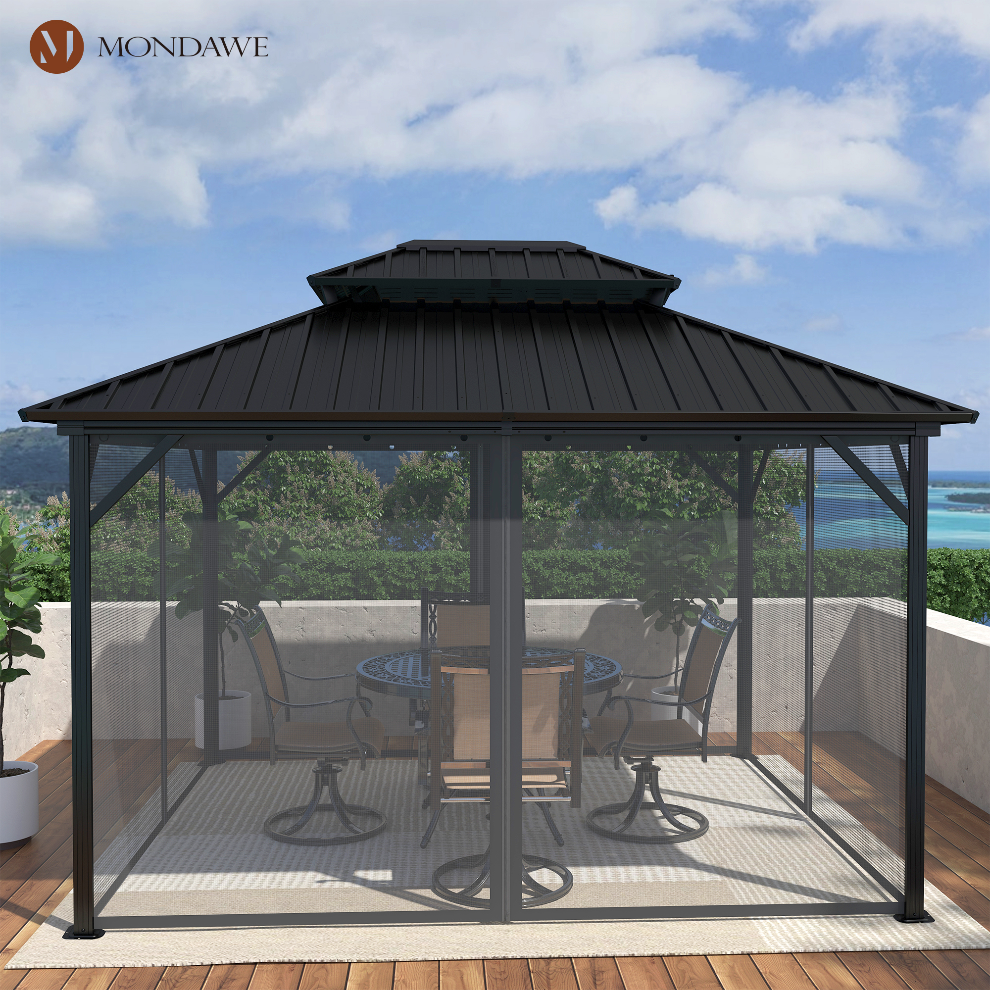 10x12 ft Double Roof Hard Top Aluminum Frame Gazebo with Netted Curtains-Mondawe