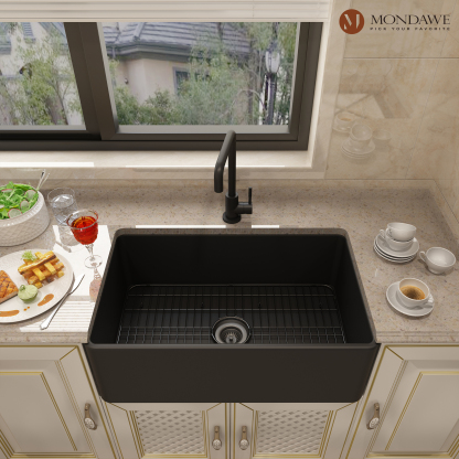 Farmhouse 33 in single bowl fireclay kitchen sink comes with high-arc kitchen faucet-Mondawe