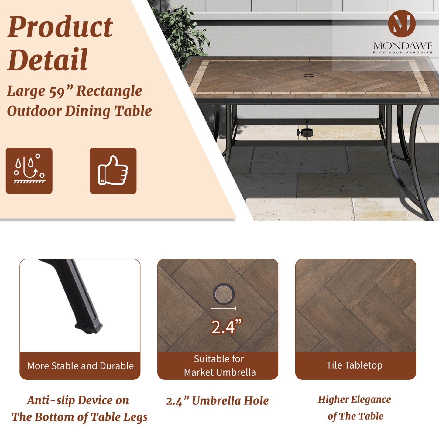 Mondawe 59 inch W x 40 inch Rust-Free Aluminum Ceramic Tile Top Outdoor Patio Rectangular Dining Table with Umbrella Hole-Mondawe