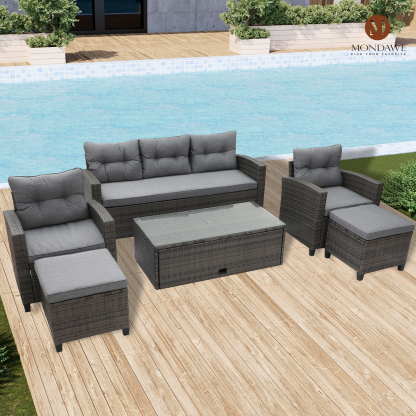 Mondawe Patio Outdoor All Weather Wicker PE Rattan  6 Piece Conversation Sofa Set Sectional Set with Light Grey Cushions