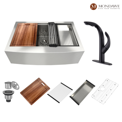 Farmhouse Apron Front 33-in x 22-in Brushed Stainless Steel Single Bowl Workstation Kitchen Sink with Pull Down Kitchen Faucet-Mondawe