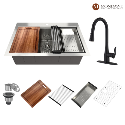 Drop-In 33-in x 22-in Brushed Stainless Steel Single Bowl Workstation Kitchen Sink with Pull Down Kitchen Faucet-Mondawe