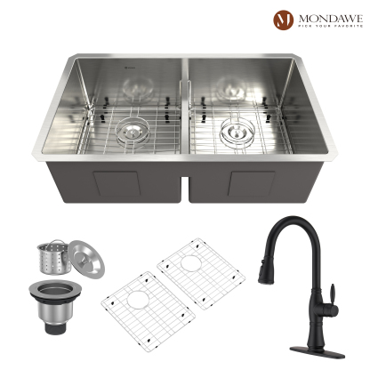 Undermount 32-in x 19-in Brushed Stainless Steel Double Bowl Kitchen Sink with Pull Down Kitchen Faucet-Mondawe