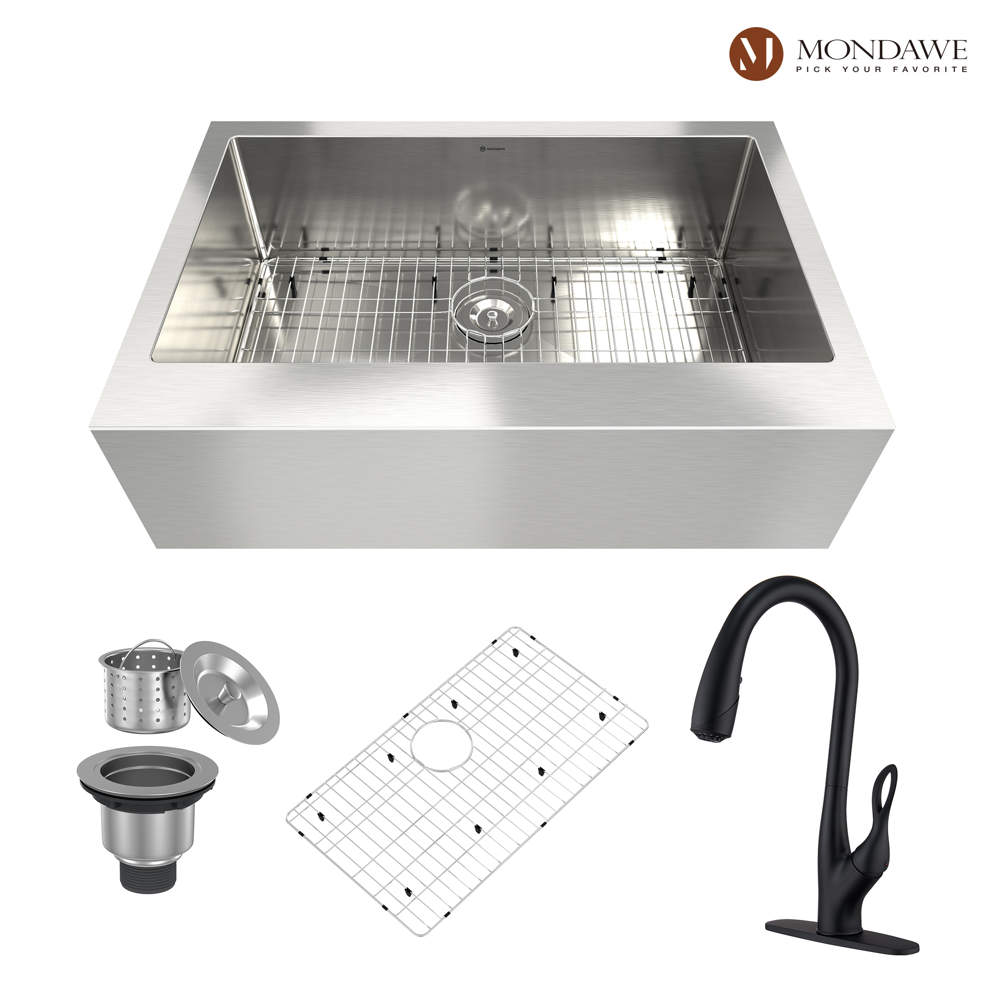 Farmhouse Apron Front 33-in x 22-in Brushed Stainless Steel Single Bowl Kitchen Sink with Pull Down Kitchen Faucet-Mondawe