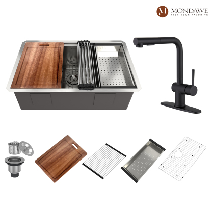 Undermount 30-in x 19-in Brushed Stainless Steel Single Bowl Workstation Kitchen Sink-Mondawe