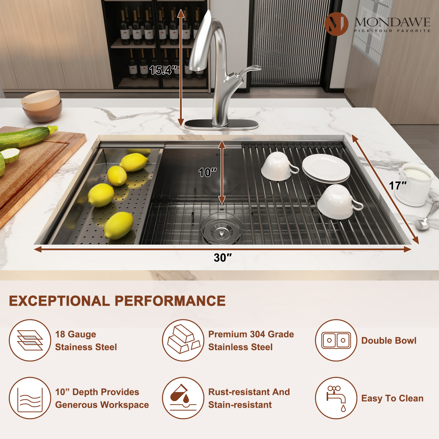 Undermount 32-in x 19-in Brushed Stainless Steel Single Bowl Workstation Kitchen Sink with Pull Down Kitchen Faucet-Mondawe
