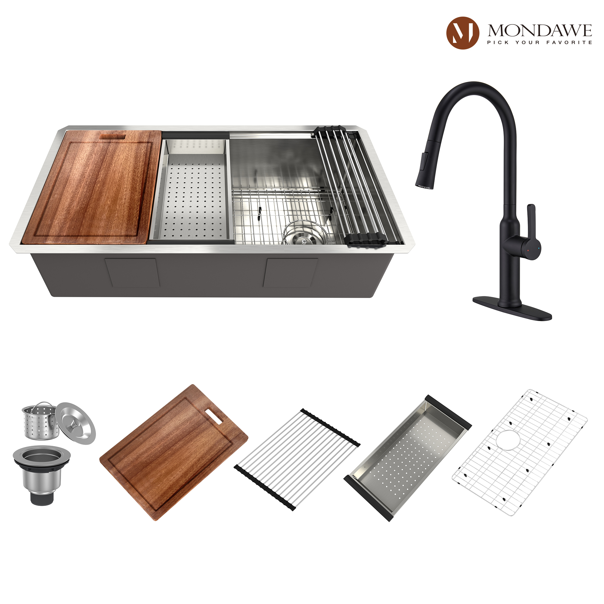 Undermount 36-in x 19-in Brushed Stainless Steel Single Bowl Workstation Kitchen Sink with Pull Down Kitchen Faucet-Mondawe