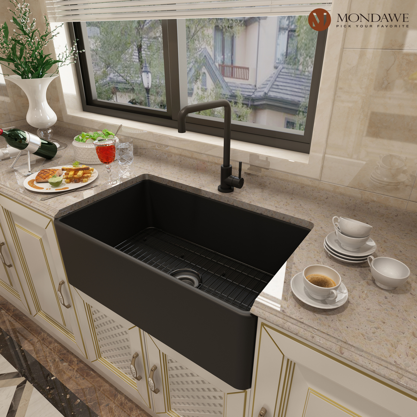 Farmhouse 33 in single bowl fireclay kitchen sink comes with high-arc kitchen faucet-Mondawe