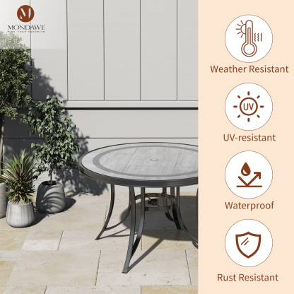 Mondawe Patio Round Dining Table Bronze Rust Resistant Cast Aluminium 48 inch Outdoor Table Porcelain Tile Top Dining Table Furniture with 2.4inch Umbrella Hole for Backyard Poolside-Mondawe
