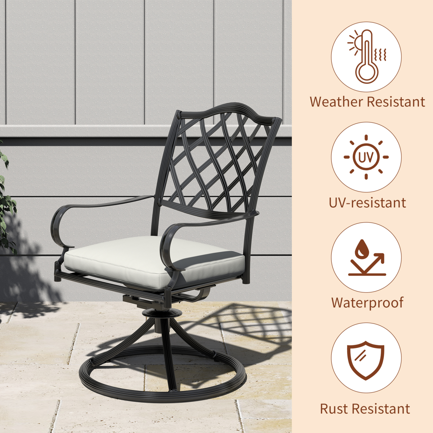 Mondawe 7 Piece Outdoor Retro Dining Set with Cushions 6 Piece Swivel Dining Chairs and 1 Porcelain Round Table for Patio Lawn Garden