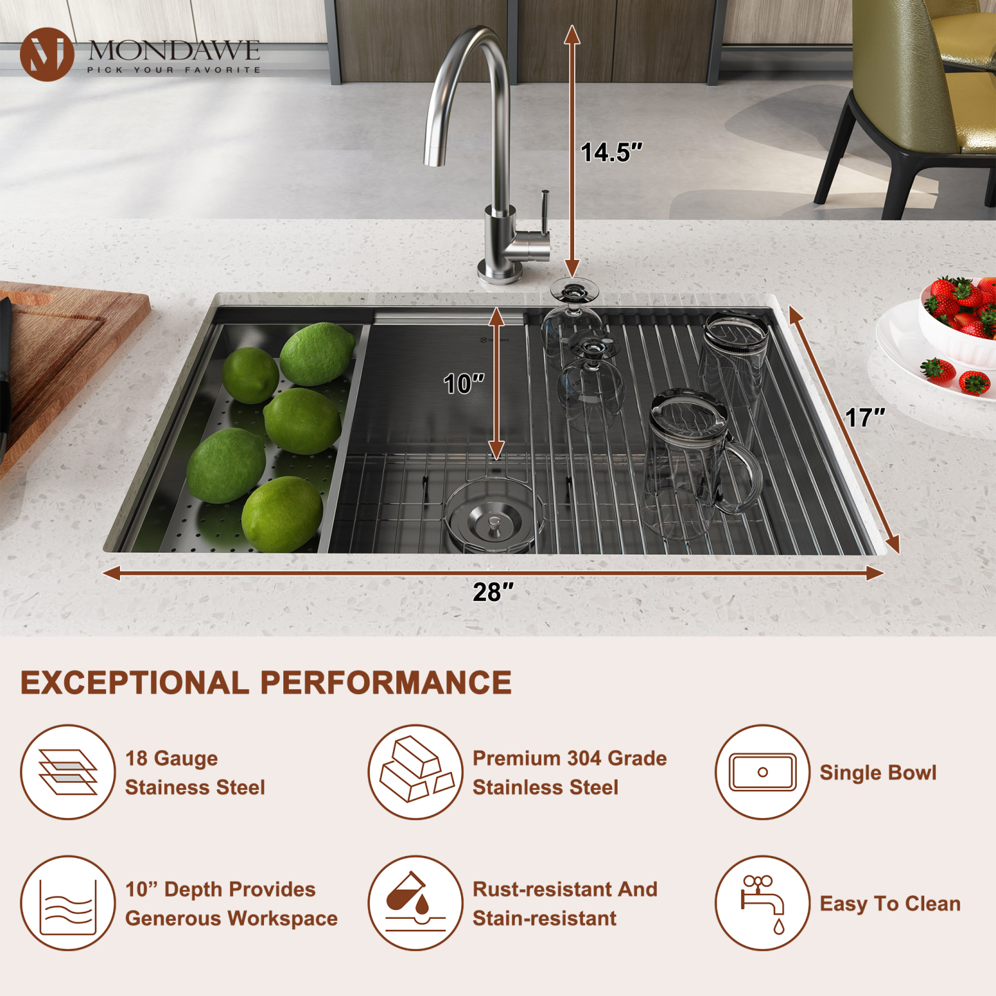 Undermount 30-in x 19-in Brushed Stainless Steel Single Bowl Workstation Kitchen Sink With High-Arc Kitchen Faucet-Mondawe