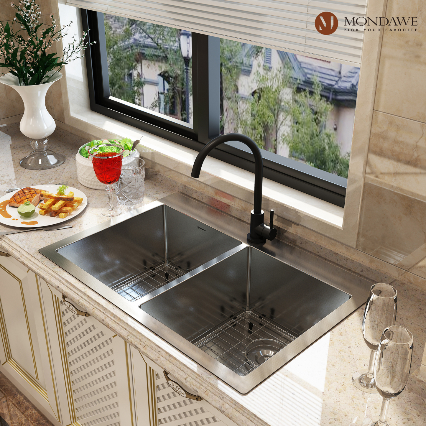 Drop-In 33-in x 22-in Brushed Stainless Steel Double Bowl Kitchen Sink With High-Arc Kitchen Faucet-Mondawe