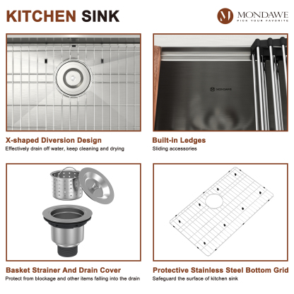 Drop-In 33-in x 22-in Brushed Stainless Steel Single Bowl Workstation Kitchen Sink-Mondawe