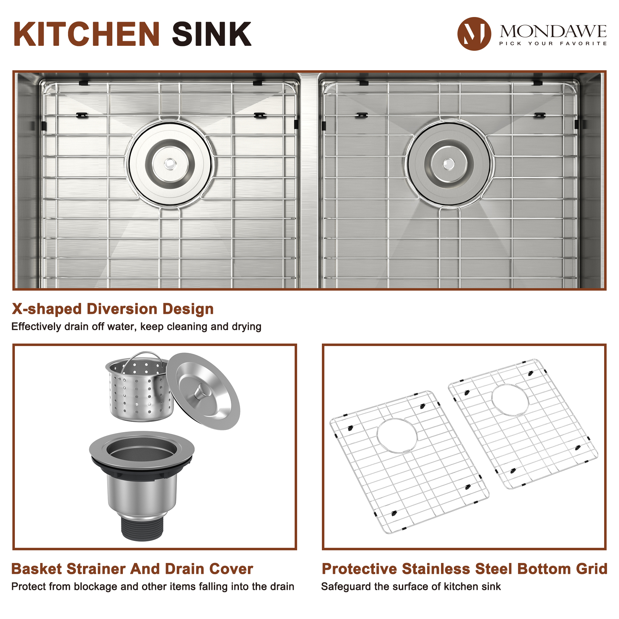 Undermount 33-in x 19-in Brushed Stainless Steel Double Bowl Kitchen Sink-Mondawe