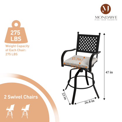 Mondawe Aluminium Frame Outdoor Swivel Chairs Dining Chairs Bar Stool with Cushion-Mondawe