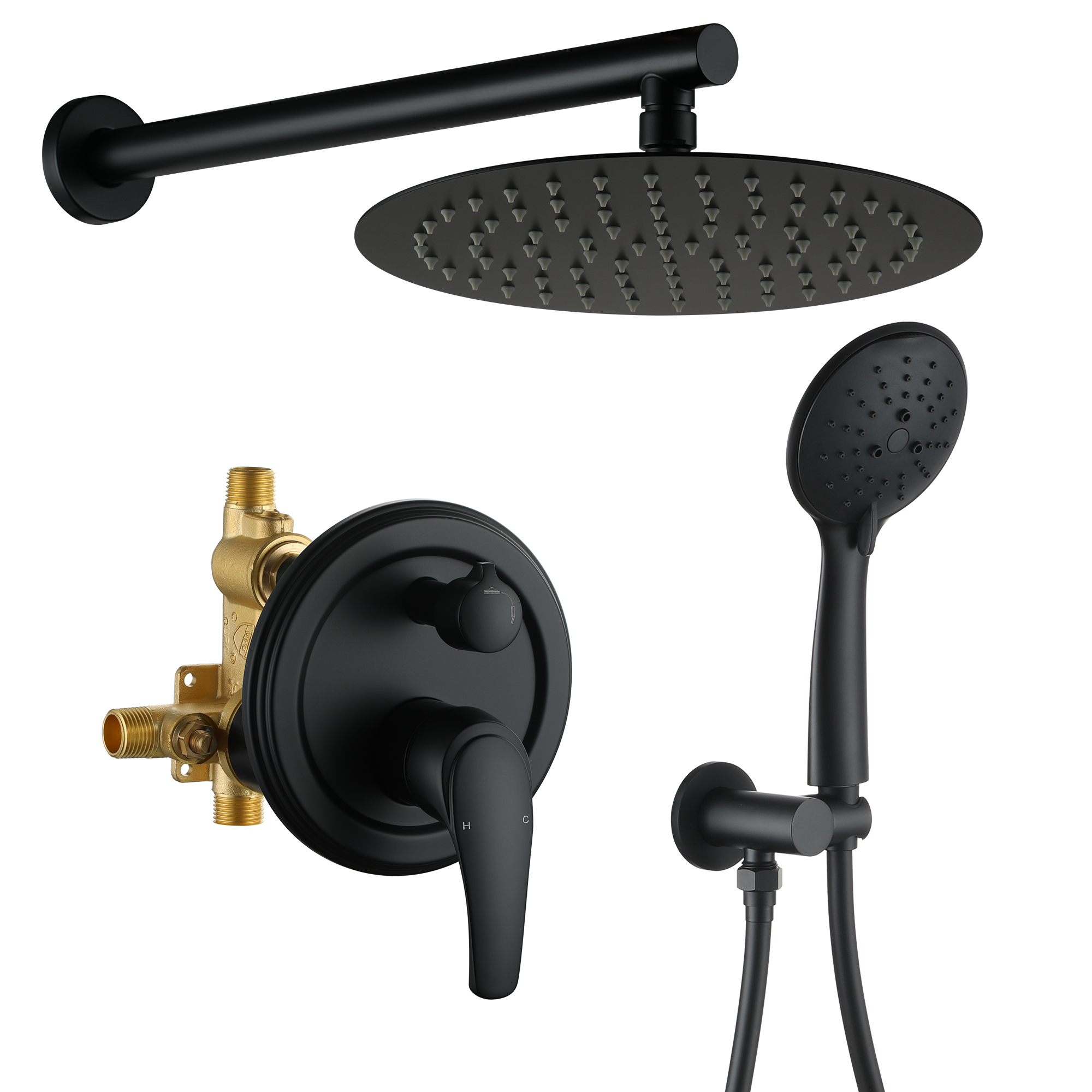 9 in. Round 5-Spray Patterns Wall Mount Dual Shower Faucet with 2.66 GPM Pressure Balance Valve in Matte Black-Mondawe