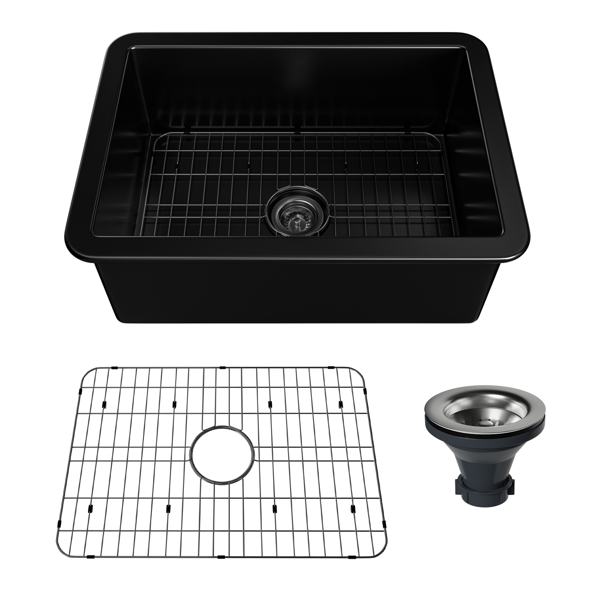 Undermount 27 in. single bowl fireclay kitchen sink in white comes with stainless steel bottom grid and strainer-Mondawe